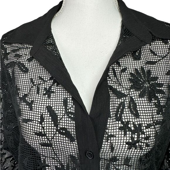 Jason Wu Black Lace Daisy Floral See Thru Collared Blouse Size M - Picture 2 of 11